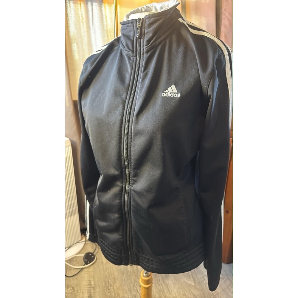 Adidas Womens Black Track Jacket White Stripes Full Zip Mock Neck Size Medium